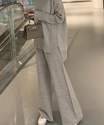 Getadme Autumn Winter 2 Pieces Women Sets Knitted Tracksuit New Turtleneck Sweater and Wide Leg Jogging Pant Pullover Suits